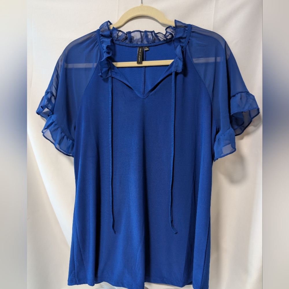Sale Price Royal Blue Sheer Sleeve Pop Up Colar Women's blouse top. Zero 2 Eight - Picture 12 of 16